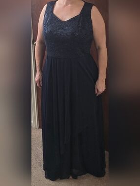 R&M Richards Dark Blue Beaded Sleeveless Maxi Gown